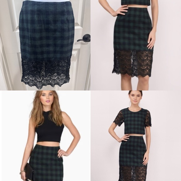 Tobi Nothing Personal Blue & Green Plaid Tartan Black Lace Pencil Skirt SP - Picture 1 of 8